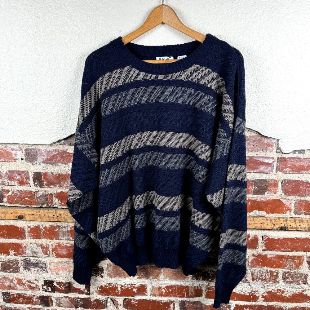 Vintage Basic Editions Sweater Sz 2XL Blue Brown Patterned Crewneck Pullover Y2K